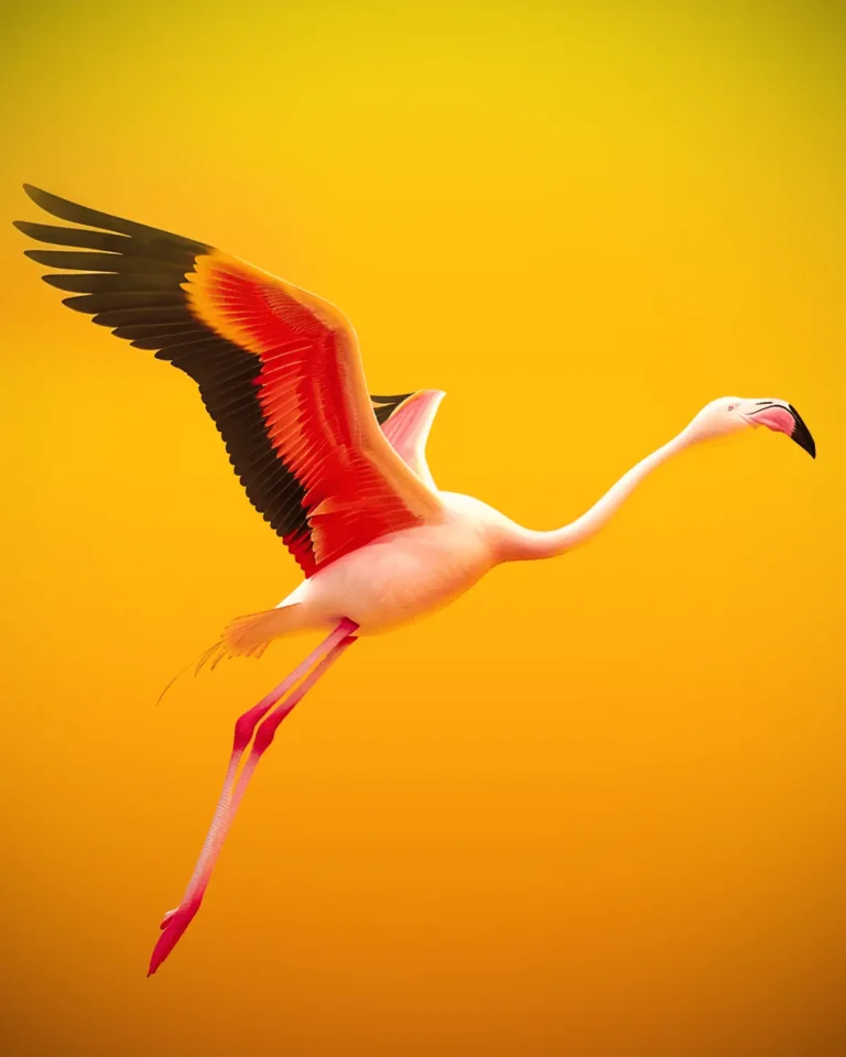 A dynamic 3D depiction of a flying flamingo against a sunny yellow background, symbolizing our 3D animation service.