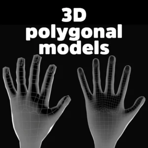 Three 3D polygonal models of hands, from low poly to high poly, created using computer-generated imagery (CGI).